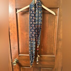 Elegant Blue and Gold Patterned Scarf.  AS IS Missing one scarf charm